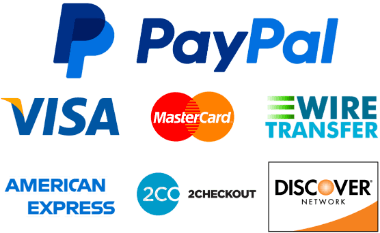 Accepted payment methods including PayPal, Visa, MasterCard, American Express, Discover and Wire Transfer