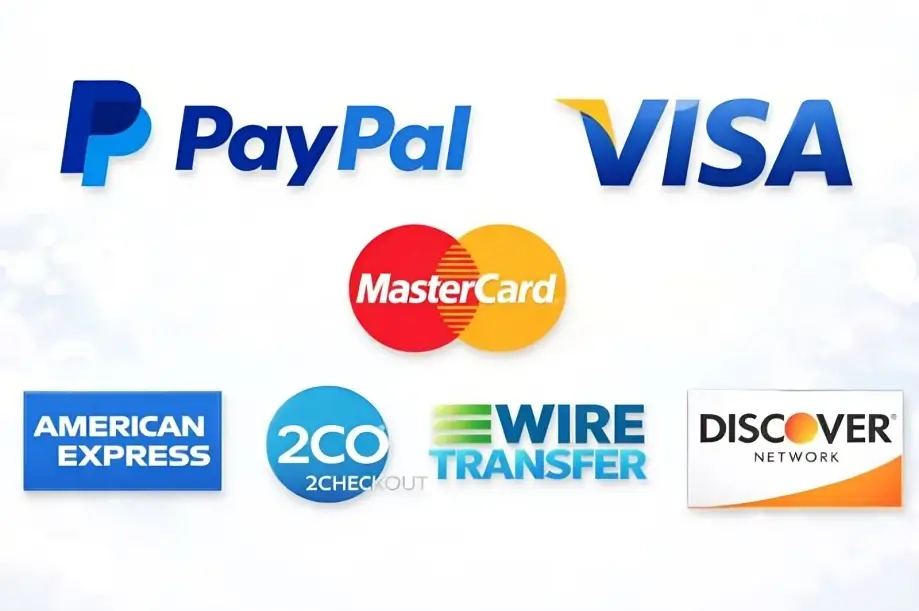 Accepted payment methods including PayPal, Visa, MasterCard, American Express, Discover and Wire Transfer